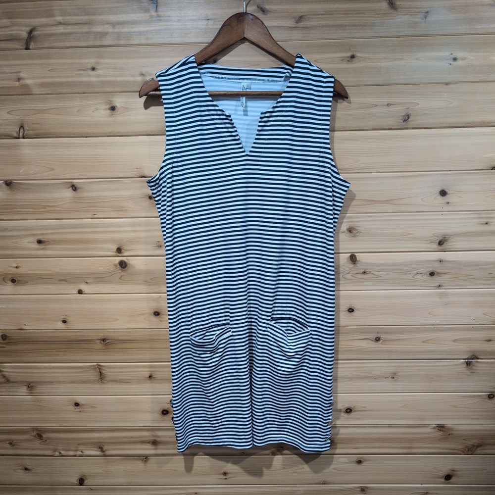 Lulu-B Womens Navy White Striped Sleeveless Tunic Dress Pockets Size L